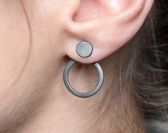 Black platinum plated Ear jackets, Simple circle post earrings, circle stud earrings, sterling silver earrings, geometric earrings