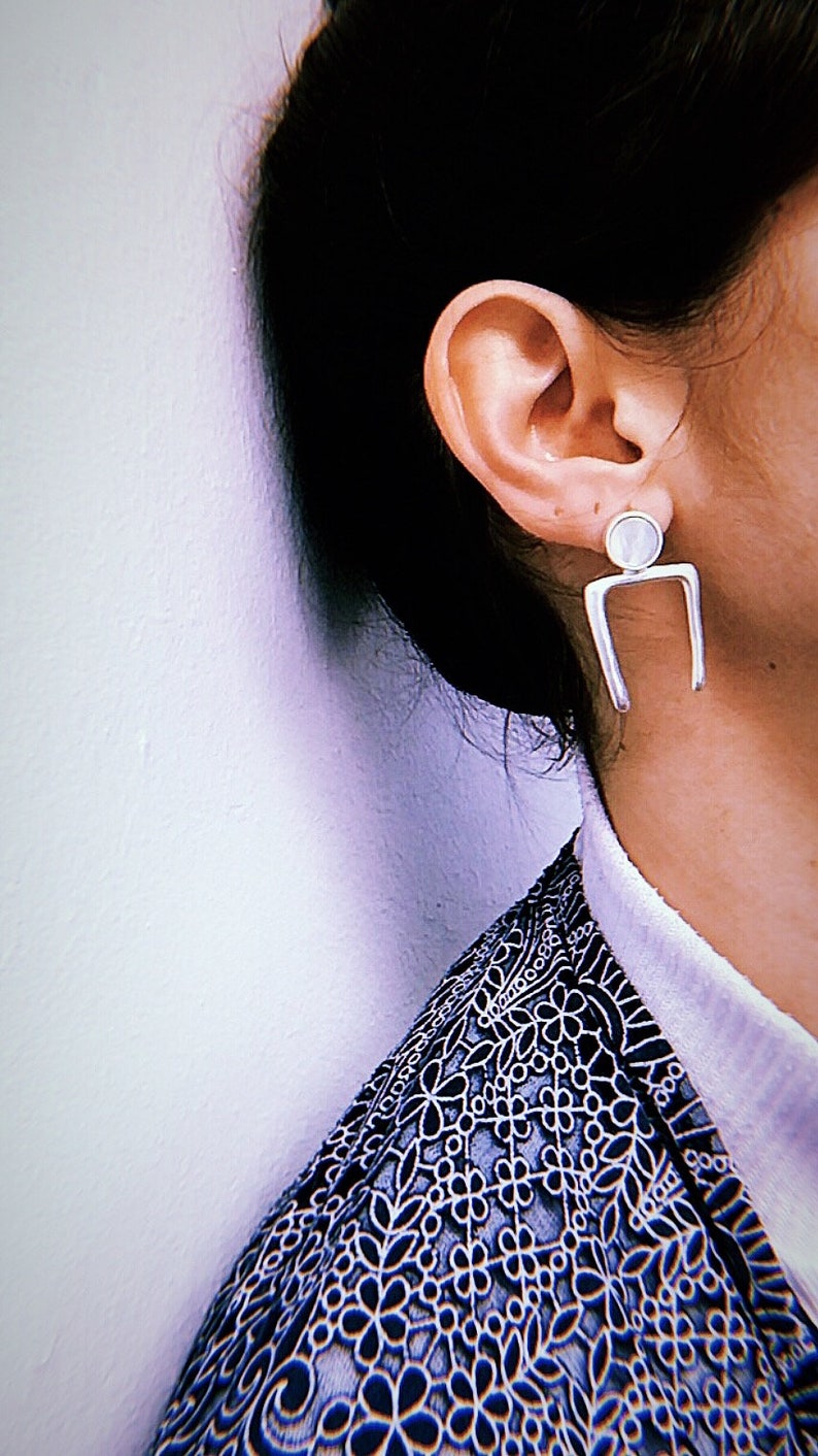 Irregular sterling silver earrings/ Abstract statement earrings/ Sculptural Mother of pearl earrings/ Horseshoe edgy earrings/ Thick modern image 5