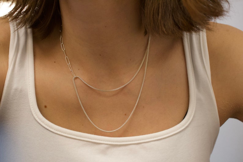 Sterling silver dainty chain choker/ Two chains chain necklace/ Minimalist silver chain/ Minimal modern necklace/ Adjustable length chain image 3