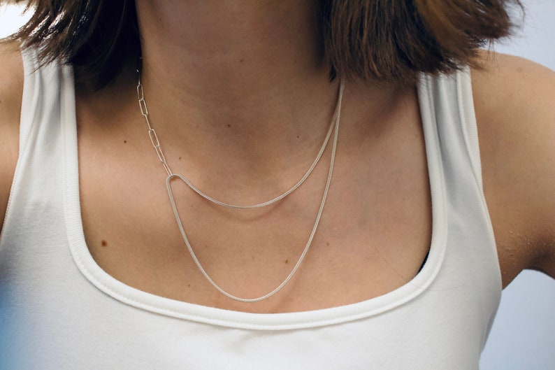 Sterling silver dainty chain choker/ Two chains chain necklace/ Minimalist silver chain/ Minimal modern necklace/ Adjustable length chain image 1