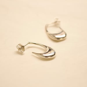 Solid sterling silver dangle hoop earrings/ Crescent shape long hoops / Chunky  spherical earrings/ Modern hoops/ Minimalist hoops
