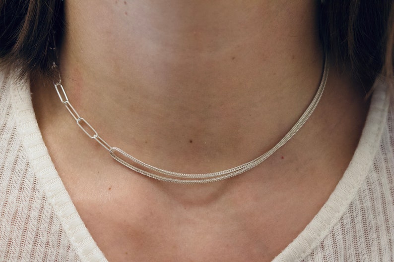 Sterling silver dainty chain choker/ Two chains chain necklace/ Minimalist silver chain/ Minimal modern necklace/ Adjustable length chain image 2