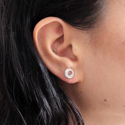Handcrafted Sterling Silver Circle Stud Earrings: Sculptural Jewelry Gift
