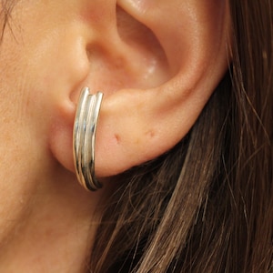 Silver ear suspender earrings/ Silver ear cuff/ Huggie modernstatement  earrings/ Suspender sterling silver hoops/ Half circle stud earrings