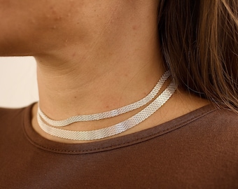 Naszyjnik choker ze srebra próby 925/ Szeroki naszyjnik choker ze srebra próby 925/ Krótki minimalistyczny łańcuszek w kształcie węża/ Codzienny naszyjnik łańcuszkowy/ Wielowarstwowe łańcuszki/ Prezent dla niej
