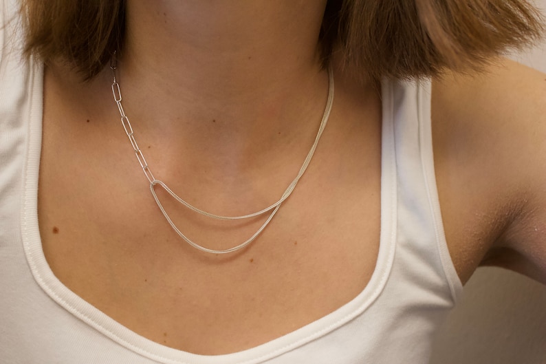 Sterling silver dainty chain choker/ Two chains chain necklace/ Minimalist silver chain/ Minimal modern necklace/ Adjustable length chain image 4