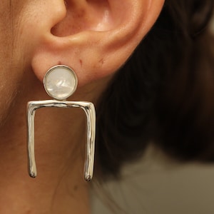 Irregular sterling silver earrings/ Abstract statement earrings/ Sculptural Mother of pearl earrings/ Horseshoe edgy earrings/ Thick modern