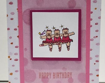 Girl Happy Birthday Dancing Bears Pink Card, Handmade Greeting Card, Birthday Wishes