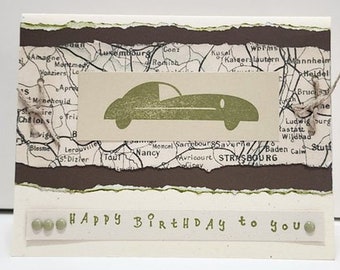 Old Vintage Car Birthday Card, Handmade Greeting Card, Retro Car Lover Gift