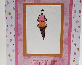 Handmade Birthday Card Pink Ice Cream Cone, Greeting Card, Card for Her, Birthday Gift, Cute Card