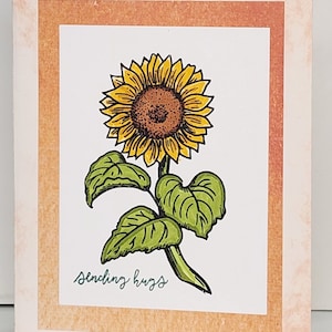 Radiant Sunflower Handmade Greeting Card with Sending Hugs, Blank Inside