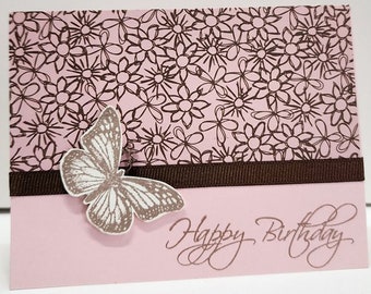 Handmade Pink Butterfly Birthday Card, Brown Butterfly Card, Birthday Greeting Card, Butterfly Theme, Gift Card, Cute Design