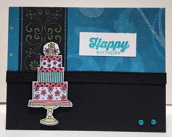 Happy Birthday Black and Teal Cake Greeting Card, Celebration Card, Birthday Card