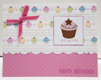 Happy Birthday Pink Cupcake Card, Handmade Greeting Card, Cupcake Lover Gift
