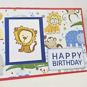 Bunte Löwe Geburtstagskarte für Kinder, Junge / Mädchen alles Gute zum Geburtstagkarte, personalisierte innere Nachricht, Kindergeburtstagskarte, lustige Tierkarte für