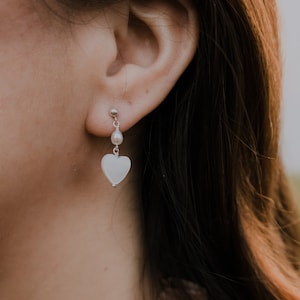 Dainty Heart Earrings, Mother of Pearl Earrings image 1