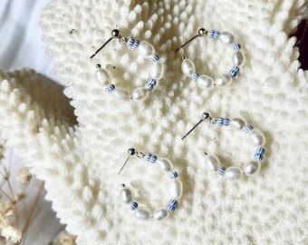 Pearl + Glass Bead Mini Hoops, Beaded Hoop Earrings, Freshwater Pearl Hoops