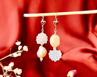 Asymmetrical Shell and Peach Biwa Pearl Drop Earrings, 14k Gold Fill Bridal Earrings, Wedding Earrings, Valentine’s Day Gift