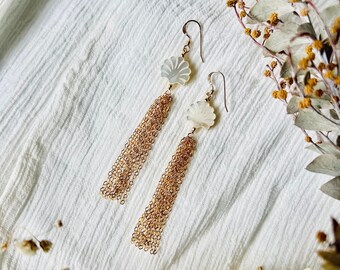 Mother of Pearl Shell Fringe Earrings, 14k Gold Fill Bridal Earrings, Bridal Jewelry, Wedding Earrings