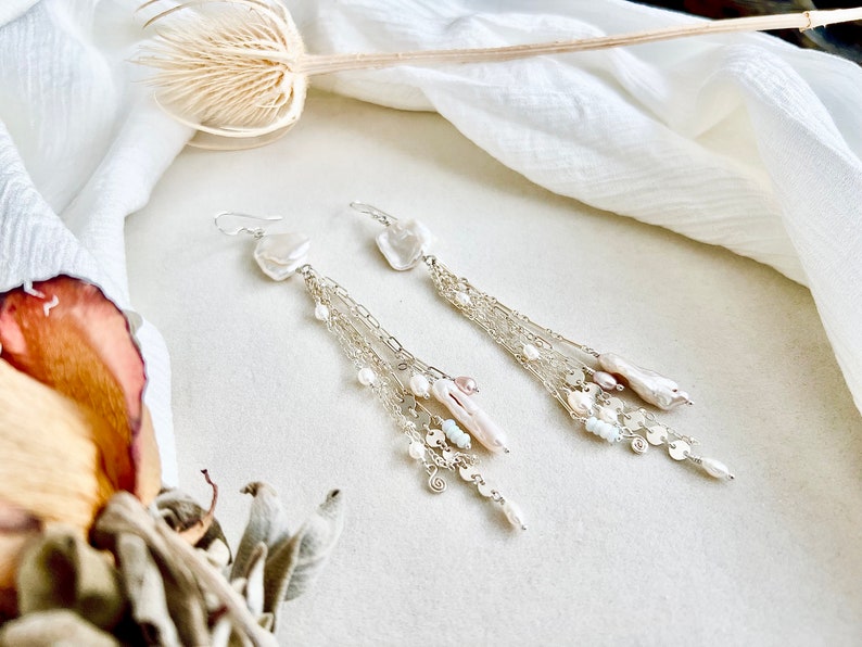 Pearl Opal Fringe Earrings, Freshwater Pearl Statement Earrings, Sterling Silver Chain Earrings, Bridal Earrings, Bridal Jewelry image 8