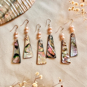 Abalone Triangle Earrings, 14k Gold Filled Freshwater Pearl Earrings