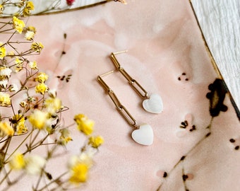 Heart & Chain Earrings, Mother of Pearl Stud Earrings