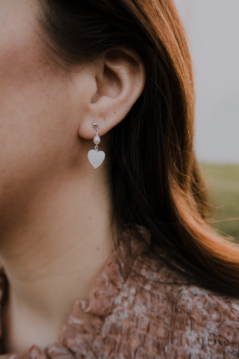 Dainty Heart Earrings, Mother of Pearl Earrings image 1