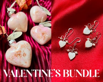 Valentine’s Day Gift Bundle, Mother of Pearl Heart Earrings + Hand-Painted Glass Heart Ornament, Valentine’s Gift Set, Pearl Bow Earrings