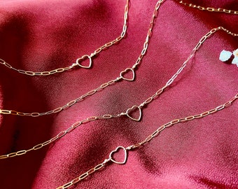 Heart of Gold Necklace, Valentine Heart Necklace, 14k Gold Fill Paperclip Chain Necklace