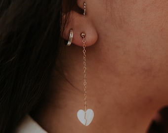 Heartbreak & Chain Earrings, Mother of Pearl Heart Earrings, 14k Gold Filled or Sterling Silver Stud Earrings