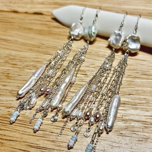 Pearl Opal Fringe Earrings, Freshwater Pearl Statement Earrings, Sterling Silver Chain Earrings, Bridal Earrings, Bridal Jewelry image 3
