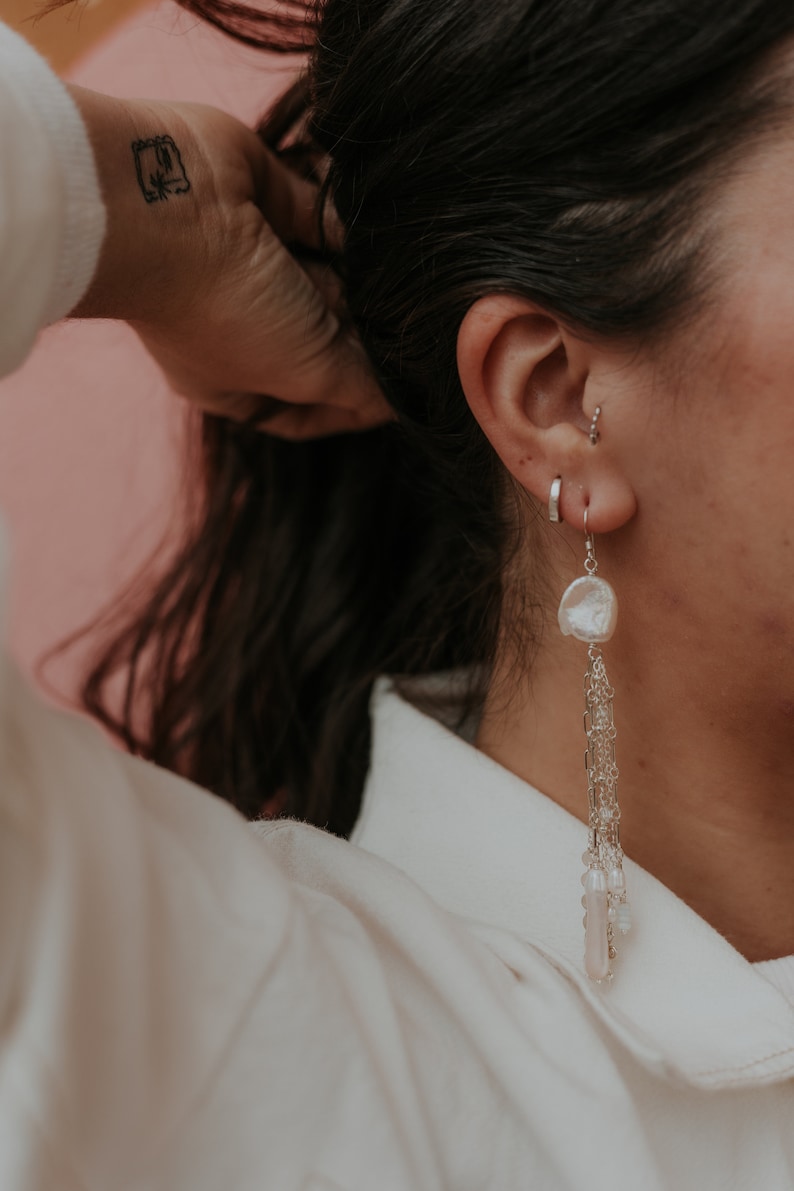 Pearl Opal Fringe Earrings, Freshwater Pearl Statement Earrings, Sterling Silver Chain Earrings, Bridal Earrings, Bridal Jewelry image 2