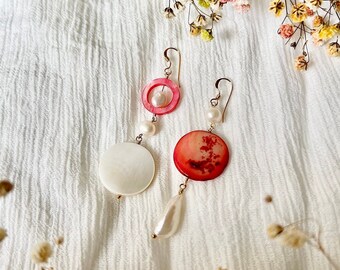 Asymmetrical Pink Shell and Pearl Earrings, Freshwater Pearl Earrings, Statement Earrings