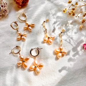 Pink Biwa Pearl Flower Earrings, Freshwater Pearl Dangle Earrings, Huggie Hoop Earrings, Spring Bridal Earrings, Wedding Jewelry