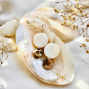 Mother of Pearl Coin and Abalone Earrings, Natural White Shell Earrings, 14k Gold Fill Summer Bridal Earrings