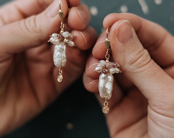 Mini Mauve Biwa Pearl Drop Earrings, Small Bridal Earrings, Wedding Earrings