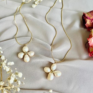 Pink Freshwater Pearl Flower Necklace, 14k Gold Filled Snake Chain Necklace, Bridal Necklace, Wedding Necklace image 2