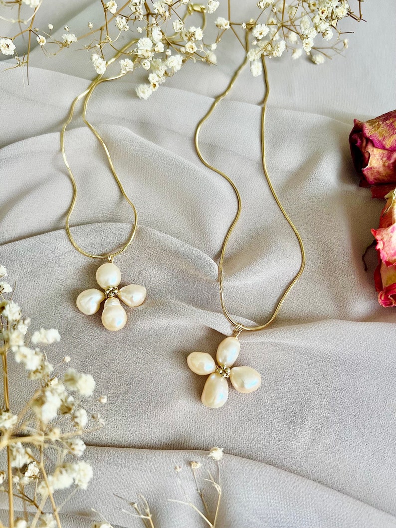 Pink Freshwater Pearl Flower Necklace, 14k Gold Filled Snake Chain Necklace, Bridal Necklace, Wedding Necklace image 2