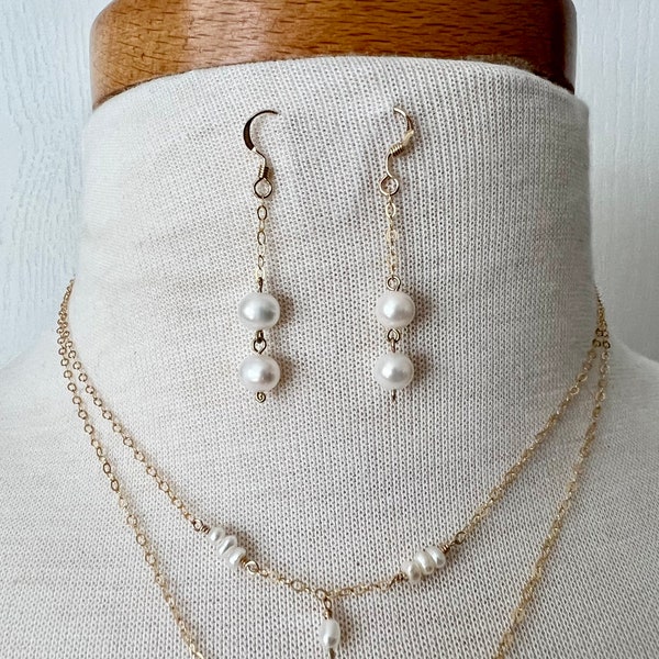 Dainty Double Pearl Drop Earrings, Bridal Earrings, Wedding Earrings