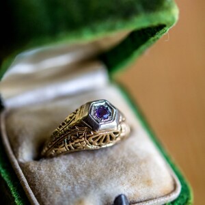 Delicate 14k Gold Filigree Ring With Amethyst. Art Deco Amethyst Filigree Ring. Size 5 3/4. image 2