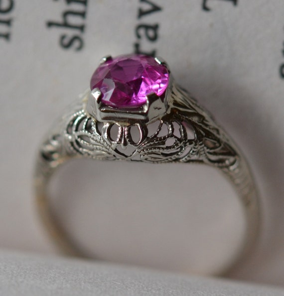 Antique 14k White gold filigree ring with charmin… - image 3