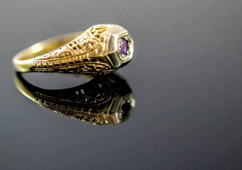 Delicate 14k Gold Filigree Ring With Amethyst. Art Deco Amethyst Filigree Ring. Size 5 3/4. image 5