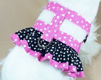 Dog Harness - Pink Dot with Black Fancy Ruffle Easy-On Harness - 9 Sizes