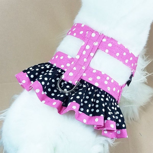 Dog Harness - Pink Dot with Black Fancy Ruffle Easy-On Harness - 9 Sizes