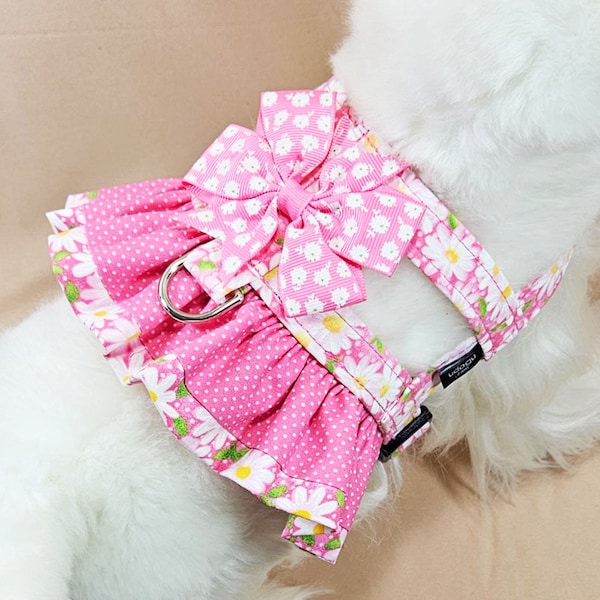 Pink Daisy Fancy Ruffle Easy-On Harness with Pink Bow from UDogU Boutique - 9 Sizes