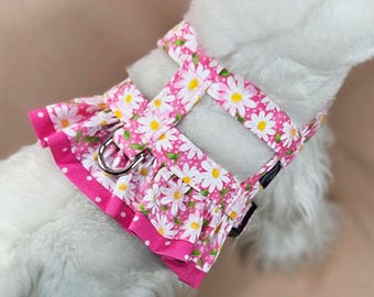 Dog Harness - Pink Daisy Fancy Ruffle Easy-On Harness - 9 Sizes