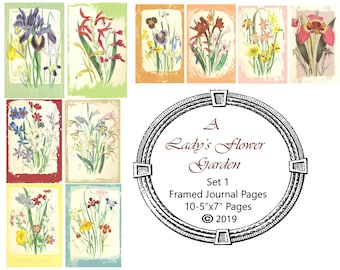 A Lady's Flower Garden  Set 1 Framed Journal Pages DIGITAL DOWNLOAD ONLY!!, Journal Kit, Glue Book, Flow Journal, Smash Book, Journal