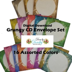 Puede incluir: Un conjunto de 16 juegos de sobres de CD grunge de varios colores, incluyendo verde, dorado y morado. Cada sobre presenta un recorte circular para el CD y está etiquetado como "Grungy CD Envelope Set" y "Digital Download."