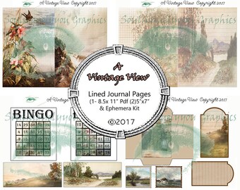 A Vintage View Lined Journal Pages & Ephemera  - Writing Journal - Junk Journal Kit- Smash Book- Glue Book