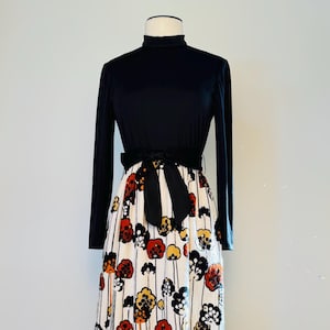 May include: A long black dress with long sleeves and a high neckline. The skirt features a white background with a floral pattern in shades of red, orange, yellow, and black. A black belt cinches the waist.